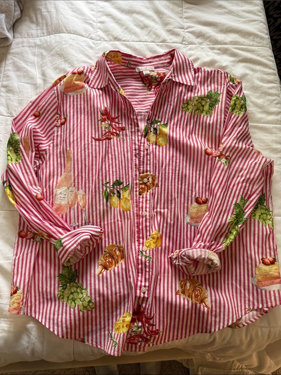 Eliane Rose Tops - Women’s Pink Striped Button-Down Shirt with Fruit Print